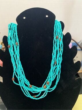 Turquoise Multi-Strand Seed Bead Necklace with Wooden Accents